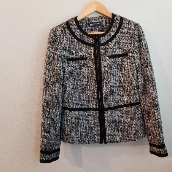 Jones New York Women's Jacket 10 Gray Cotton Full Zipper Long Sleeves Tweed - Picture 1 of 10